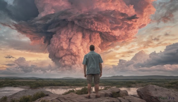 solo,short hair,shirt,black hair,1boy,standing,short sleeves,male focus,outdoors,sky,shorts,barefoot,cloud,from behind,cloudy sky,grass,blue shirt,t-shirt,scenery,clenched hands,walking,sunset,monster,arms at sides,facing away,wide shot,sandals,rock,mountain,red sky