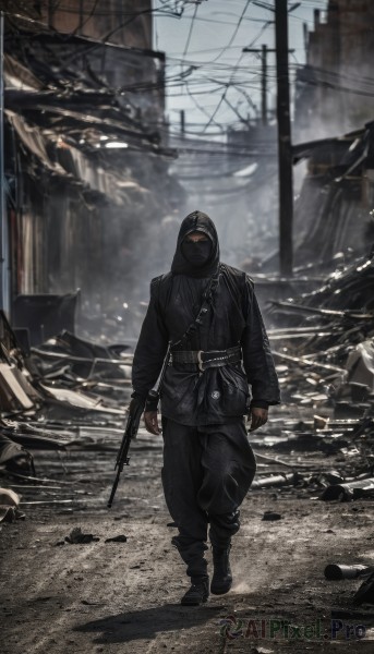 solo,gloves,long sleeves,1boy,holding,standing,jacket,full body,weapon,male focus,boots,outdoors,belt,pants,hood,fingerless gloves,black footwear,holding weapon,black jacket,gun,hoodie,mask,black pants,building,holding gun,facing viewer,handgun,hood up,smoke,walking,mouth mask,ruins,power lines,utility pole,rubble,sky,black gloves,blurry,uniform,military,blurry background,rifle,snow,city,road,assault rifle,street,post-apocalypse