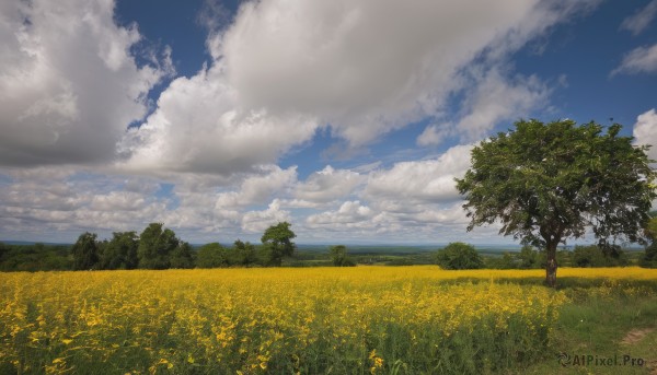 solo,flower,outdoors,sky,day,cloud,water,tree,blue sky,no humans,ocean,cloudy sky,grass,nature,scenery,forest,yellow flower,horizon,field,landscape,sunlight,flower field