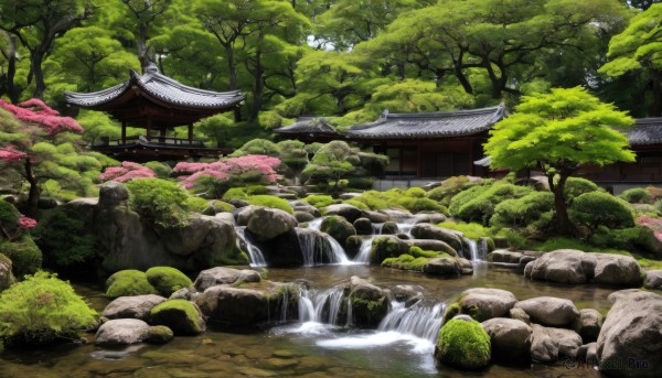 outdoors,day,water,tree,no humans,grass,cherry blossoms,building,nature,scenery,forest,rock,architecture,bridge,east asian architecture,river,waterfall,stone,pond,stone lantern,stream,bush,moss,real world location