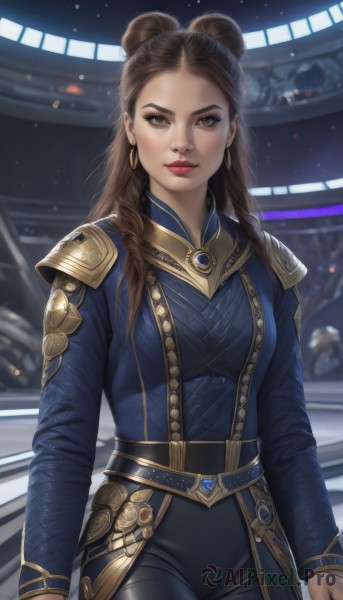 1girl,solo,long hair,breasts,looking at viewer,brown hair,long sleeves,brown eyes,jewelry,medium breasts,closed mouth,standing,cowboy shot,earrings,belt,pants,hair bun,armor,blurry,lips,double bun,makeup,blurry background,black pants,lipstick,shoulder armor,eyeshadow,gold trim,realistic,nose,arms at sides,red lips,braid,artist name,bodysuit,forehead,science fiction,thick lips