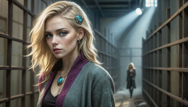 HQ,1girl,long hair,breasts,looking at viewer,blue eyes,multiple girls,blonde hair,hair ornament,2girls,cleavage,jewelry,jacket,earrings,parted lips,solo focus,indoors,necklace,blurry,lips,coat,makeup,depth of field,blurry background,pendant,freckles,stairs,realistic,nose,medium breasts,upper body,hairclip,lipstick