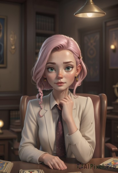 1girl,solo,long hair,looking at viewer,smile,bangs,blue eyes,shirt,hair ornament,long sleeves,jewelry,sitting,closed mouth,green eyes,jacket,white shirt,upper body,pink hair,braid,earrings,open clothes,necktie,collared shirt,artist name,indoors,hand up,blurry,lips,book,eyelashes,makeup,depth of field,blurry background,chair,formal,table,white jacket,thick eyebrows,wing collar,hair over shoulder,black necktie,forehead,freckles,realistic,card,grey jacket,nose,bookshelf,lamp,photo (object),picture (object),brown necktie,print necktie,pov across table,short hair,aqua eyes,watermark,polka dot,web address,deviantart username