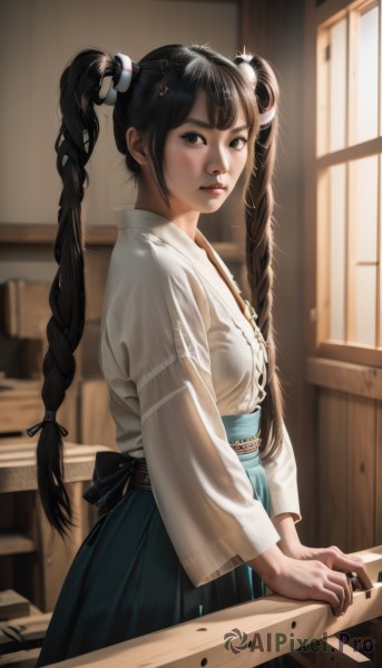 1girl,solo,long hair,breasts,looking at viewer,bangs,skirt,brown hair,black hair,hair ornament,long sleeves,ribbon,twintails,brown eyes,very long hair,closed mouth,standing,braid,japanese clothes,day,artist name,indoors,wide sleeves,nail polish,blurry,black eyes,twin braids,from side,lips,blue skirt,looking to the side,sash,window,depth of field,blurry background,chinese clothes,sunlight,realistic,nose,korean clothes,hanbok,hair ribbon,white shirt,upper body,sidelocks,small breasts,black ribbon,black nails,backlighting,sidelighting