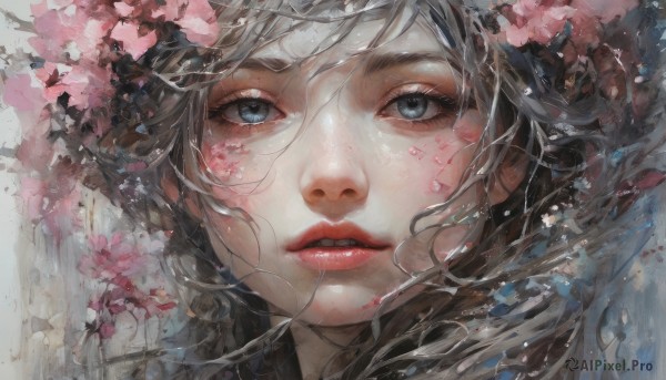 1girl,solo,long hair,looking at viewer,bangs,blue eyes,brown hair,flower,grey hair,parted lips,hair flower,lips,eyelashes,cherry blossoms,portrait,close-up,pink flower,realistic,nose,red lips,painting (medium),black hair,teeth,wind