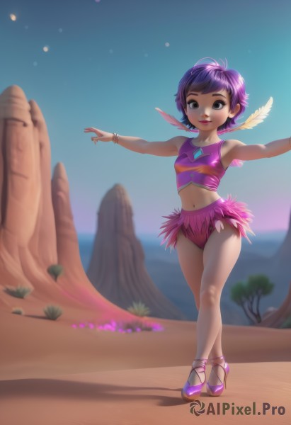 1girl,solo,breasts,looking at viewer,smile,short hair,bangs,hair ornament,navel,bare shoulders,brown eyes,jewelry,closed mouth,underwear,standing,panties,swimsuit,full body,purple hair,small breasts,outdoors,sky,sleeveless,day,midriff,artist name,necklace,blurry,black eyes,flat chest,bracelet,tree,blue sky,lips,crop top,bare legs,makeup,blurry background,watermark,beach,crossed legs,outstretched arms,feathers,lipstick,web address,walking,pink shirt,spread arms,pink footwear,bangle,feather hair ornament,purple footwear,watson cross,desert,ballet slippers,shoes,high heels,child