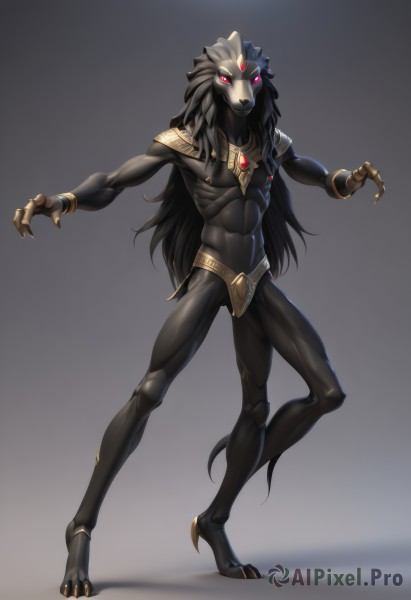 solo,long hair,looking at viewer,simple background,black hair,red eyes,1boy,jewelry,very long hair,standing,tail,full body,male focus,grey background,armor,gradient,gradient background,muscular,glowing,abs,outstretched arms,shoulder armor,gem,glowing eyes,claws,furry,personification,furry male,black skin,digitigrade,animal ears,colored skin,forehead jewel,egyptian