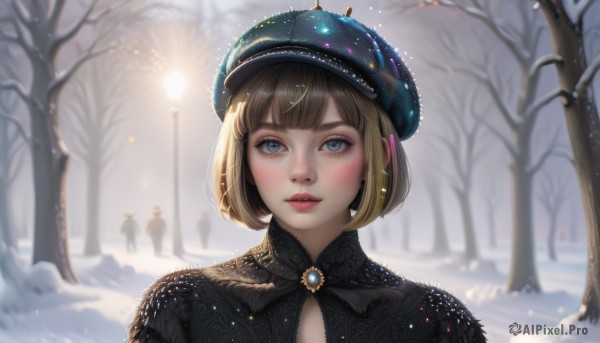 1girl,solo,looking at viewer,blush,short hair,bangs,blue eyes,blonde hair,brown hair,hat,jewelry,upper body,earrings,outdoors,parted lips,solo focus,day,artist name,blurry,tree,lips,eyelashes,depth of field,blurry background,bob cut,brooch,gem,portrait,snow,freckles,snowing,realistic,nose,winter,lamppost,bare tree,dress,blunt bangs,black dress,makeup