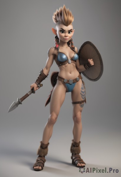 1girl,solo,long hair,breasts,looking at viewer,smile,blonde hair,brown hair,navel,holding,brown eyes,medium breasts,standing,tail,swimsuit,full body,weapon,braid,bikini,small breasts,pointy ears,belt,sword,artist name,holding weapon,armor,twin braids,lips,tattoo,thigh strap,mask,toes,cameltoe,abs,sandals,knife,polearm,side braid,blue bikini,freckles,toned,shield,muscular female,bikini armor,side braids,leg tattoo,toeless footwear,holding shield,simple background,jewelry,multicolored hair,earrings,grey background,orange hair,mole,black eyes,two-tone hair,facial mark,spiked hair,spear,realistic,mohawk,tribal,wrist wrap