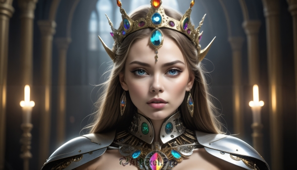 HQ,1girl,solo,long hair,looking at viewer,blue eyes,blonde hair,brown hair,jewelry,earrings,parted lips,artist name,indoors,armor,blurry,lips,makeup,blurry background,watermark,tiara,crown,shoulder armor,gem,portrait,pauldrons,realistic,nose,candle,shoulder pads