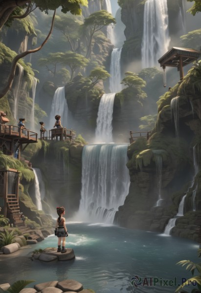 1girl,solo,short hair,multiple girls,skirt,brown hair,black hair,hat,standing,outdoors,shorts,sleeveless,day,water,bag,from behind,tree,plant,nature,scenery,wading,forest,rock,facing away,torii,bridge,river,waterfall,moss,stream,long hair,shirt,1boy,ponytail,multiple boys,socks,3girls,2boys,bird,backpack,tank top,child,lantern,stairs,railing