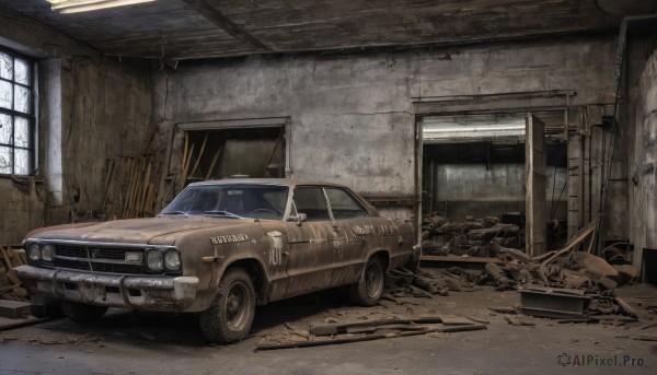 artist name,indoors,no humans,window,ground vehicle,scenery,motor vehicle,realistic,door,car,ruins,vehicle focus,broken glass,wheel,tire,broken window,sports car