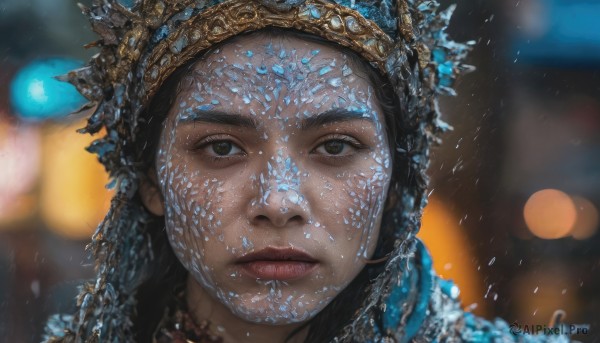 1girl,solo,long hair,looking at viewer,black hair,brown eyes,jewelry,closed mouth,outdoors,parted lips,artist name,water,blurry,black eyes,lips,depth of field,blurry background,tiara,crown,portrait,rain,realistic,nose,close-up,water drop,headdress,bokeh