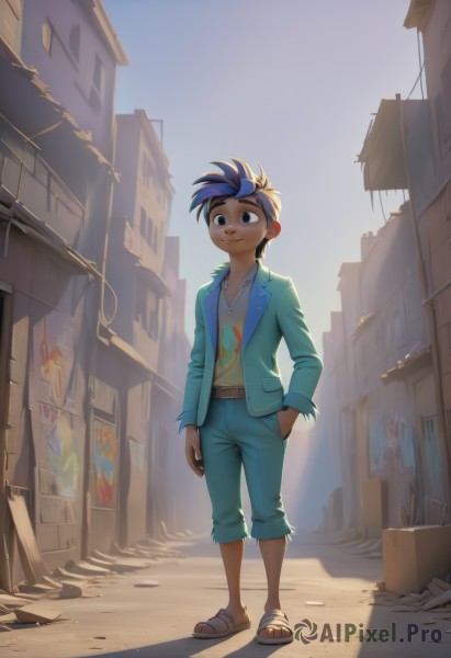 solo,smile,short hair,shirt,black hair,1boy,jewelry,blue hair,standing,jacket,full body,male focus,multicolored hair,outdoors,open clothes,sky,belt,pants,artist name,signature,dark skin,necklace,black eyes,shadow,sandals,denim,building,personification,walking,hand in pocket,jeans,city,alley,1girl,brown eyes,two-tone hair,toes,tomboy,flip-flops