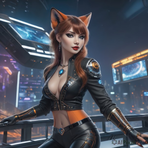 1girl,solo,long hair,breasts,looking at viewer,bangs,large breasts,brown hair,gloves,navel,animal ears,cleavage,brown eyes,jewelry,medium breasts,sitting,jacket,earrings,parted lips,black gloves,midriff,belt,pants,artist name,cat ears,fingerless gloves,necklace,nail polish,mole,blurry,lips,black jacket,fingernails,fox ears,bodysuit,makeup,night,blurry background,black pants,lipstick,black nails,pendant,eyeshadow,science fiction,railing,red lips,eyeliner,leather,city lights,long sleeves,closed mouth,cowboy shot,outdoors,open clothes,crop top,arm support,night sky,skin tight,zipper,cropped jacket,city,realistic,sharp fingernails,cityscape,tight,leather jacket,partially unzipped,leather pants