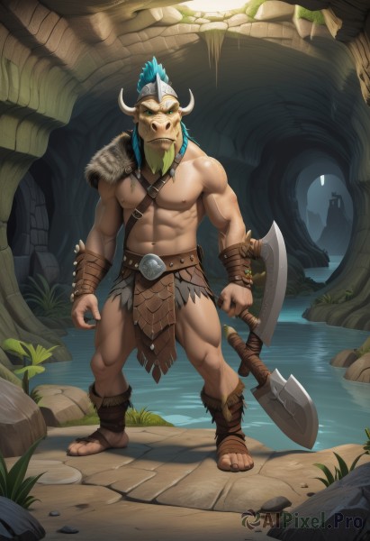 solo,looking at viewer,1boy,navel,holding,jewelry,nipples,green eyes,blue hair,standing,full body,weapon,male focus,thighs,horns,water,stomach,holding weapon,muscular,facial hair,thick thighs,abs,sandals,helmet,pectorals,muscular male,bara,pelvic curtain,beard,large pectorals,topless male,rock,mature male,fake horns,axe,leather,bare pectorals,loincloth,holding axe,belt,shield,furry male,tusks,horned helmet,minotaur