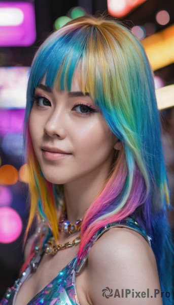 1girl,solo,long hair,breasts,looking at viewer,smile,bangs,blonde hair,cleavage,bare shoulders,jewelry,medium breasts,closed mouth,blue hair,upper body,pink hair,multicolored hair,sleeveless,blunt bangs,necklace,blurry,black eyes,two-tone hair,lips,grey eyes,eyelashes,aqua hair,gradient hair,makeup,blurry background,tank top,eyeshadow,realistic,nose,rainbow hair,swimsuit,bikini,from side,streaked hair,depth of field,watermark,multicolored clothes,bokeh,chain necklace,gold chain