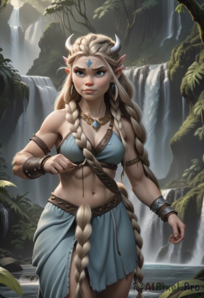 1girl,solo,long hair,breasts,looking at viewer,blue eyes,skirt,blonde hair,navel,cleavage,bare shoulders,jewelry,medium breasts,very long hair,standing,braid,cowboy shot,earrings,outdoors,horns,pointy ears,midriff,artist name,water,necklace,stomach,twin braids,bracelet,tree,lips,blue skirt,single braid,muscular,watermark,facial mark,abs,thick eyebrows,elf,nature,web address,armlet,wading,pendant,toned,hoop earrings,forehead mark,realistic,nose,bracer,facepaint,long braid,waterfall,mole,forehead,freckles,muscular female,cow horns,hair pulled back,linea alba