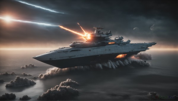 HQ,outdoors,sky,cloud,water,military,no humans,ocean,scenery,smoke,flying,science fiction,turret,sun,cannon,military vehicle,battle,watercraft,explosion,vehicle focus,ship,firing,waves,spacecraft,warship,signature,realistic,antennae,planet,alien,lights,island,battleship