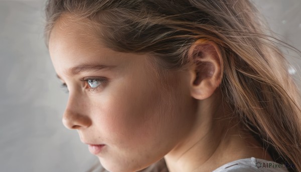 1girl,solo,long hair,blue eyes,brown hair,closed mouth,grey background,from side,lips,grey eyes,eyelashes,profile,looking away,portrait,close-up,realistic,nose,blonde hair,looking afar