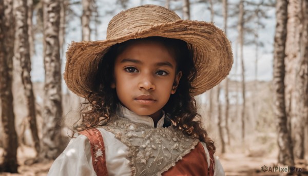 1girl,solo,long hair,looking at viewer,brown hair,shirt,black hair,hat,dress,closed mouth,white shirt,upper body,outdoors,day,dark skin,blurry,black eyes,dark-skinned female,tree,lips,depth of field,blurry background,wavy hair,nature,forest,curly hair,realistic,straw hat,brown eyes,portrait,sun hat