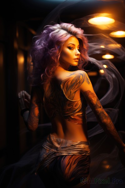 1girl,solo,long hair,bare shoulders,jewelry,closed eyes,purple hair,cowboy shot,midriff,looking back,from behind,bracelet,lips,tattoo,back,realistic,back tattoo,makeup,ring,curly hair