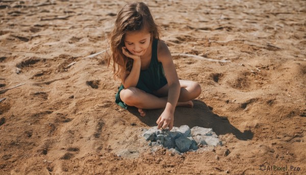 1girl,solo,long hair,smile,brown hair,bare shoulders,sitting,closed mouth,full body,closed eyes,outdoors,sleeveless,day,socks,bare arms,shadow,crossed legs,tank top,hand on own face,head rest,rock,realistic,sand,hand on own cheek,indian style,on ground,dirty,crossed ankles,shirt,shorts,barefoot,lips,bare legs,facing viewer,green shirt