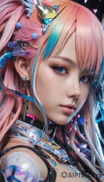 1girl,solo,long hair,looking at viewer,bangs,blue eyes,hair ornament,jewelry,blue hair,ponytail,pink hair,multicolored hair,earrings,parted lips,choker,hairclip,lips,streaked hair,eyelashes,makeup,piercing,crown,portrait,close-up,eyeshadow,nose,mascara,blonde hair,from side,realistic