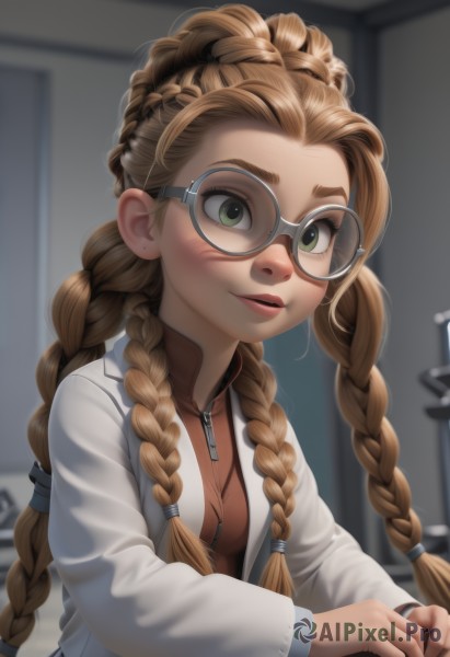 1girl,solo,long hair,breasts,looking at viewer,smile,brown hair,shirt,long sleeves,jewelry,green eyes,upper body,braid,earrings,parted lips,glasses,artist name,indoors,blurry,twin braids,lips,blurry background,forehead,zipper,freckles,nose,round eyewear,labcoat,stud earrings,hair pulled back,multiple braids,blush,jacket,watermark,white jacket,web address,zipper pull tab