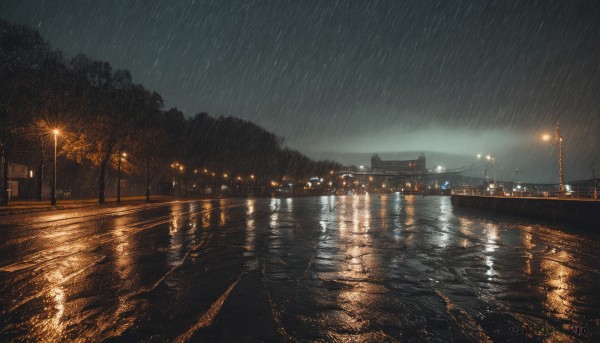 outdoors,sky,cloud,water,tree,dutch angle,no humans,night,cloudy sky,building,night sky,scenery,reflection,rain,city,light,road,cityscape,dark,bridge,lamppost,street,river,puddle,city lights,lights,wet