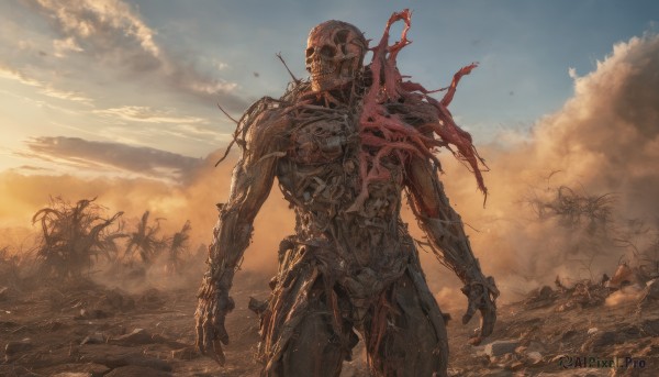 solo,1boy,standing,weapon,male focus,outdoors,sky,cloud,armor,no humans,helmet,cloudy sky,smoke,science fiction,monster,damaged,alien,dust,signature,tree,blue sky,skull,realistic,skeleton,zombie,bone,death,desert,corpse