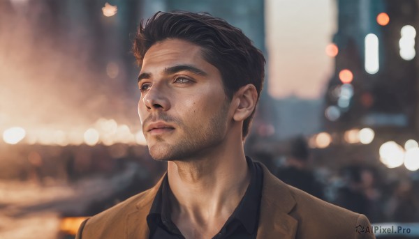 solo,short hair,shirt,black hair,1boy,closed mouth,jacket,upper body,male focus,outdoors,collared shirt,blurry,looking to the side,black shirt,depth of field,blurry background,facial hair,portrait,beard,brown jacket,realistic,stubble,brown hair,brown eyes,night,expressionless,brown coat,bokeh