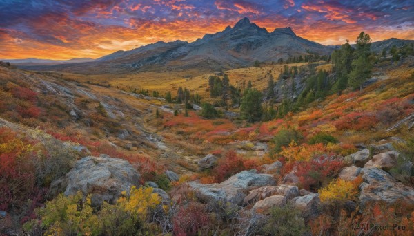 outdoors,sky,cloud,tree,no humans,cloudy sky,grass,nature,scenery,forest,sunset,rock,mountain,field,evening,landscape,mountainous horizon,orange sky,red sky,traditional media,river,autumn