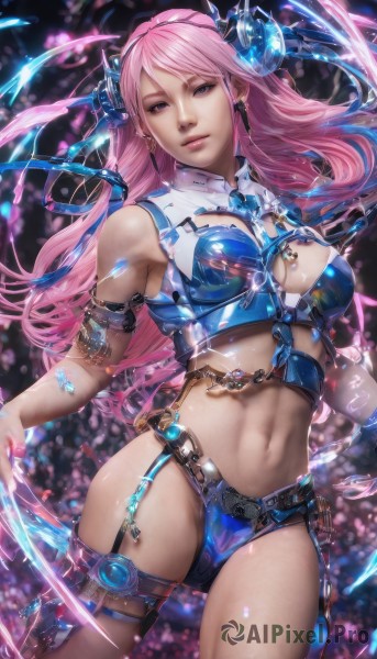 1girl,solo,long hair,breasts,looking at viewer,bangs,blue eyes,large breasts,navel,cleavage,jewelry,medium breasts,pink hair,cowboy shot,earrings,parted lips,horns,midriff,lips,crop top,thigh strap,headgear,knife,armlet,realistic,holster,bikini armor,hair ornament,thighhighs,bare shoulders,standing,artist name,pink eyes,armor,chain,watermark,garter straps,single thighhigh,gem,web address,toned