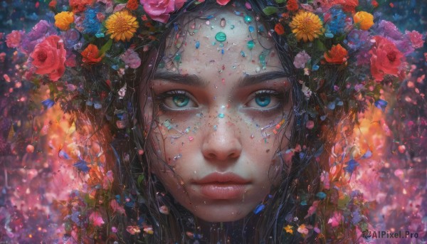 A female surrounded by a lush dynamic scene