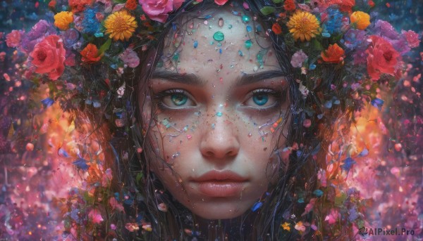 1girl, solo, long hair, looking at viewer, blue eyes, brown hair, black hair, hair ornament, closed mouth, green eyes, flower, hair flower, lips, petals, eyelashes, rose, heterochromia, red flower, gem, portrait, pink flower, freckles, blue flower, realistic, yellow flower, nose, purple flower, colorful, orange flower