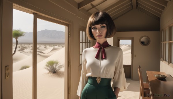 1girl,solo,breasts,looking at viewer,smile,short hair,bangs,skirt,brown hair,shirt,black hair,long sleeves,ribbon,brown eyes,standing,white shirt,parted lips,day,indoors,blunt bangs,black eyes,tree,lips,window,neck ribbon,chair,arms behind back,table,bob cut,plant,green skirt,bowl,wooden floor,mountain,door,potted plant,sliding doors,snow,realistic,east asian architecture