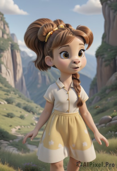 1girl,solo,long hair,smile,open mouth,skirt,brown hair,shirt,hair ornament,dress,brown eyes,standing,white shirt,ponytail,braid,flower,short sleeves,outdoors,sky,day,collared shirt,cloud,blurry,tree,blue sky,single braid,blurry background,grass,child,rock,hair tie,female child,blush,lips,see-through,floral print,hair over shoulder,yellow skirt