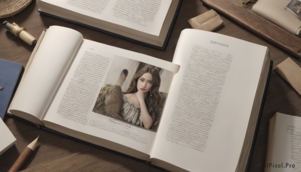 1girl,solo,long hair,breasts,looking at viewer,brown hair,dress,brown eyes,jewelry,sitting,earrings,indoors,book,wavy hair,chair,table,wooden floor,paper,open book,pen,pencil,smile,english text,lips,makeup,shadow,lipstick,red lips,photo (object)