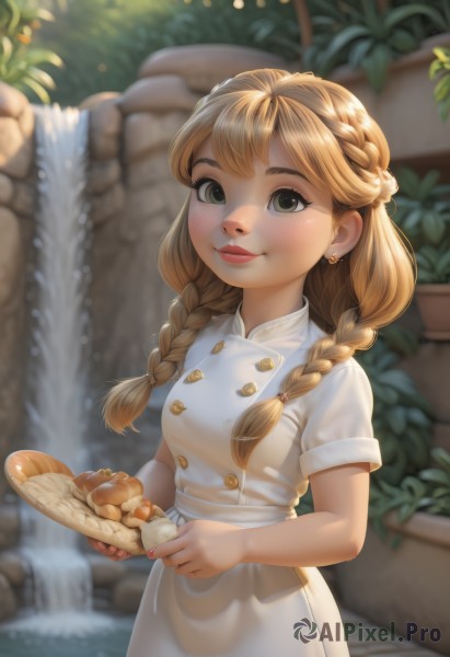 1girl,solo,long hair,breasts,looking at viewer,blush,smile,bangs,blonde hair,dress,holding,jewelry,closed mouth,green eyes,standing,braid,short sleeves,earrings,small breasts,outdoors,food,day,artist name,water,nail polish,white dress,blurry,apron,twin braids,lips,buttons,depth of field,blurry background,piercing,holding food,plant,hair over shoulder,red nails,pink nails,freckles,basket,double-breasted,stud earrings,bread,chef,brown hair,twintails,plate,tray,crown braid,holding plate,waterfall,pie