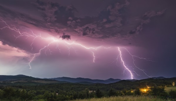 outdoors,sky,cloud,tree,no humans,cloudy sky,grass,nature,scenery,forest,mountain,electricity,field,lightning,landscape,mountainous horizon,hill,flower,night,horizon,dark