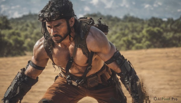 solo,short hair,brown hair,gloves,1boy,navel,holding,nipples,weapon,male focus,outdoors,day,pants,stomach,bag,holding weapon,blurry,gun,looking to the side,muscular,blurry background,facial hair,abs,thick eyebrows,backpack,pectorals,muscular male,goggles,holding gun,bara,beard,large pectorals,goggles on head,topless male,mature male,mustache,brown pants,dirty,harness,chest hair,biceps,navel hair,arm hair,dirty face,black hair,hat,closed mouth,closed eyes,torn clothes,leaning forward,rifle,realistic,goatee,bare pectorals