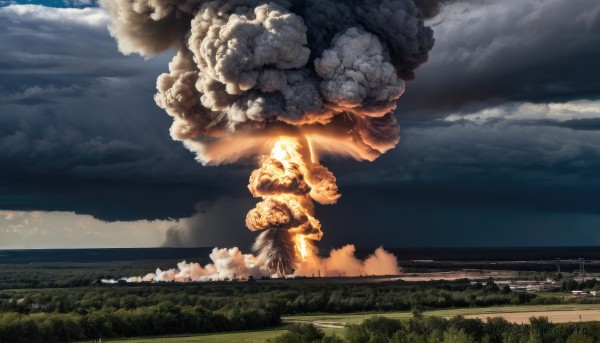 solo,outdoors,sky,day,cloud,tree,no humans,cloudy sky,grass,fire,building,scenery,smoke,fantasy,horizon,giant,field,lightning,landscape,water,ocean,explosion