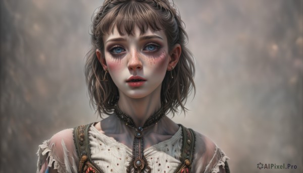 1girl,solo,looking at viewer,blush,short hair,blue eyes,brown hair,jewelry,collarbone,upper body,earrings,parted lips,necklace,blurry,lips,makeup,blurry background,scar,portrait,freckles,realistic,bangs,dress,torn clothes,eyelashes,blood,blood on face,red lips,dirty