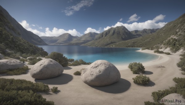 outdoors,sky,day,artist name,cloud,water,tree,blue sky,no humans,shadow,ocean,watermark,beach,cloudy sky,grass,nature,scenery,web address,forest,rock,mountain,sand,horizon,landscape,mountainous horizon,shore,bush