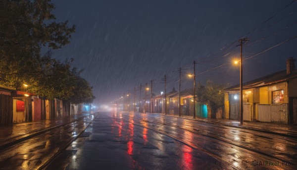 outdoors,sky,cloud,water,tree,dutch angle,no humans,night,cloudy sky,ground vehicle,building,night sky,scenery,reflection,rain,city,sign,fence,light,road,house,power lines,lamppost,street,utility pole,puddle,window,vanishing point