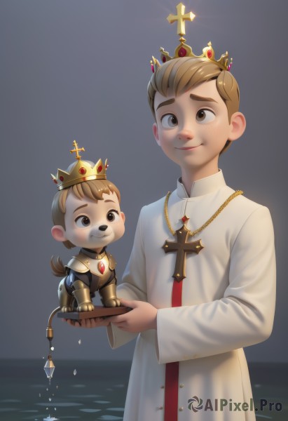 smile,short hair,brown hair,long sleeves,1boy,holding,brown eyes,jewelry,closed mouth,standing,tail,male focus,multiple boys,2boys,water,necklace,armor,looking at another,siblings,cross,crown,child,furry,dual persona,tray,freckles,dog,robe,furry male,male child,cross necklace,brothers,white robe,solo,blush,blonde hair,artist name,thick eyebrows