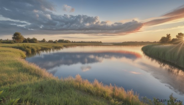 outdoors,sky,day,cloud,water,tree,blue sky,no humans,sunlight,cloudy sky,grass,plant,nature,scenery,forest,reflection,sunset,mountain,sun,horizon,river,landscape,lake