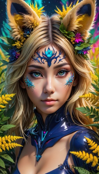 1girl,solo,long hair,breasts,looking at viewer,blue eyes,blonde hair,hair ornament,animal ears,cleavage,jewelry,medium breasts,closed mouth,green eyes,upper body,flower,earrings,artist name,hair flower,lips,animal ear fluff,fox ears,eyelashes,makeup,leaf,facial mark,plant,lipstick,portrait,close-up,eyeshadow,freckles,pink lips,realistic,yellow flower,nose,eyeliner,mascara