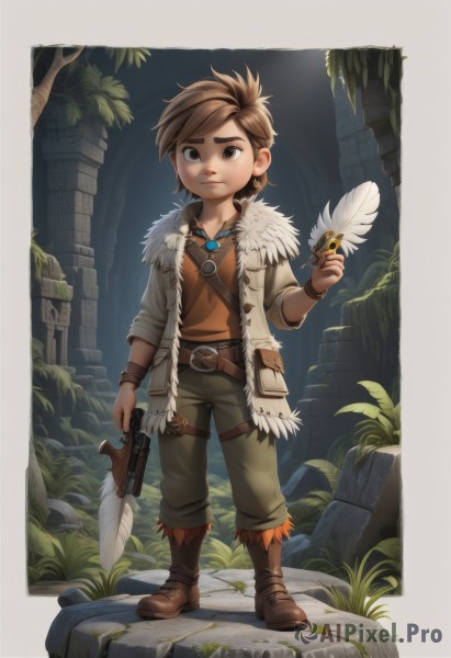 solo,looking at viewer,short hair,brown hair,shirt,1boy,holding,brown eyes,jewelry,standing,jacket,full body,weapon,male focus,earrings,boots,outdoors,belt,pants,necklace,holding weapon,tree,gun,fur trim,brown footwear,border,thick eyebrows,grass,feathers,plant,child,handgun,stairs,male child,ruins,1girl,brown background,pouch